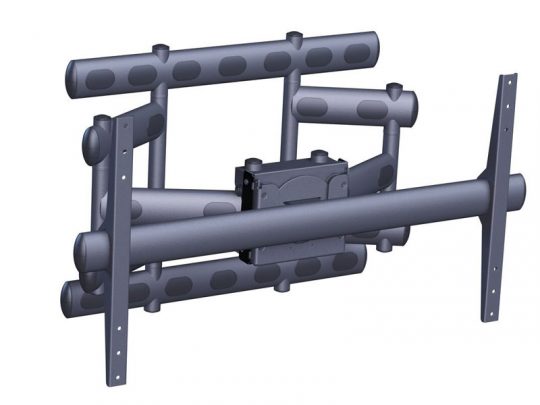 Schwarze, mehrfach verstellbare TV Wandhalterung (3D-Rendering) mit schwenkbaren Armen, Gelenken und Montagenschienen zur sicheren Befestigung eines Flachbildfernsehers - ideal zum Mieten oder Kaufen.