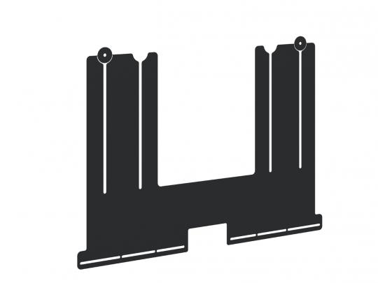 Schwarze, flache Montagehalterung namens Universal Mounting Bracket, rechteckig mit zwei senkrechten Schlitzen und zwei runden Löchern oben, ideal für elektronische oder mechanische Befestigungen; am unteren Rand drei Einkerbungen - perfekt zum Kaufen oder Mieten.