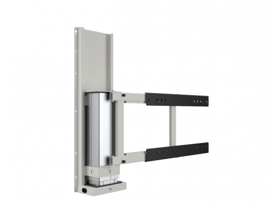 TV-Lift Wandhalterung aus Metall mit vertikalem Schiebemechanismus und zwei horizontalen Armen zur Befestigung eines Fernsehers; die silber-schwarze Konstruktion ermöglicht eine flexible Höhenverstellung und ist zum Kauf oder zur Miete erhältlich.