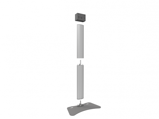 3D-Rendering des freistehenden Display-Ständers, zerlegt in vier Teile: rechteckiges Oberteil, zwei zylindrische Mittelstücke und gebogene Basis mit Montagematerial. Der Display Stand ist zum Kaufen oder Mieten verfügbar.