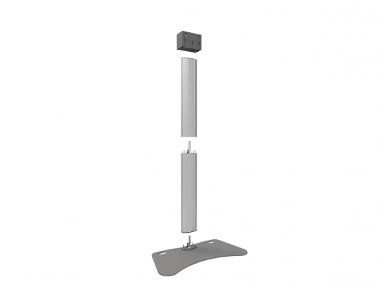 Freistehender Metall-Displayständer, zerlegt in vier Teile: eine flache Bodenplatte, zwei vertikale Stangenelemente und ein rechteckiges Top-Schild, alle für die Montage ausgerichtet. Perfekt als mobiler Werbeständer zum Kaufen oder Mieten.