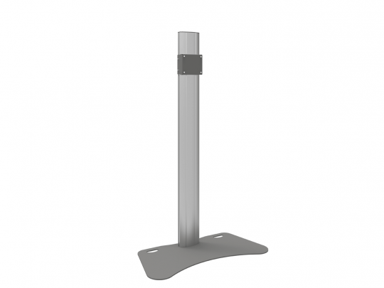 Silberner, hoher Metallständer mit rechteckiger Bodenplatte und quadratischer Befestigungshalterung oben; minimalistisches Design. Der stabile Standfuß eignet sich ideal zum Halten oder Präsentieren verschiedener Objekte. Produktname: Universaler Bodenständer - jetzt kaufen oder mieten.