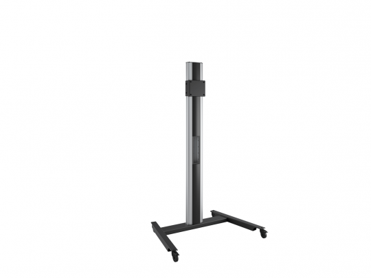 Schwarzer, höhenverstellbarer Metall-Standfuß mit vertikaler Säule und zwei waagerechten, rollbaren Standbeinen, ideal zum Aufstellen oder Transportieren von Bildschirmen oder Geräten. Das Equipment-Stativ eignet sich zum Mieten oder Kaufen und ist vor weißem Hintergrund abgebildet.