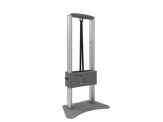Standing Cable Machine mit zwei vertikalen Metallsäulen, zentralem Gewichtsstapel und langem, verstellbarem Kabel für Krafttraining; das Fitnessgerät steht auf einer flachen, gebogenen Basis für Stabilität. Ideal zum Kaufen oder Mieten.
