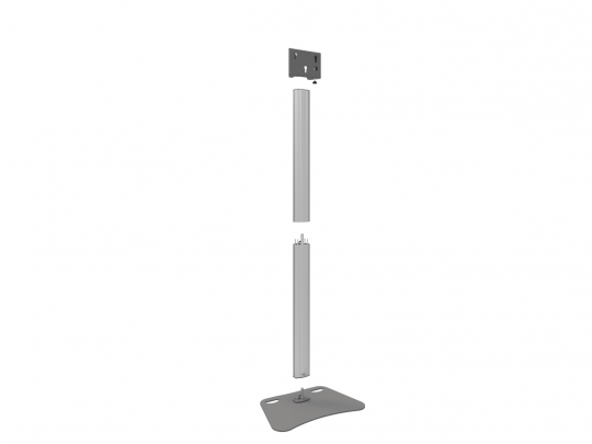 Silberner, vertikaler Metallständer in drei Einzelteilen: flacher Standfuß unten, mittlere Stützstange und obere Montageplatte, alle zum einfachen Zusammenbau ausgerichtet - Produktname: Metallständer für Monitorhalterung, verfügbar zum Kaufen oder Mieten.