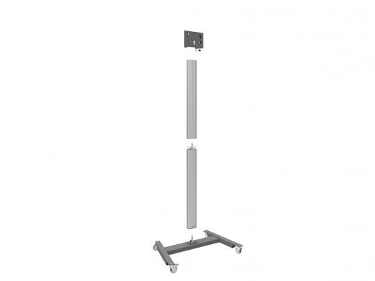 Mobiler Metallständer mit Rollen, Modell zerlegt in vier Hauptteile: rollbare Basis, zwei vertikale Stützstangen und obere Montageplatte. Die Teile sind vertikal angeordnet und bereit zum einfachen Aufbau - ideal zum Kaufen oder Mieten.