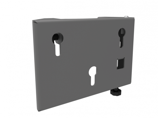 Graue Metall-Montagehalterung mit drei Schlüssellochöffnungen und einer quadratischen Aussparung zur Wandbefestigung; unten rechts befindet sich eine schwarze, verstellbare Schraube - ideal zum Kaufen oder Mieten.