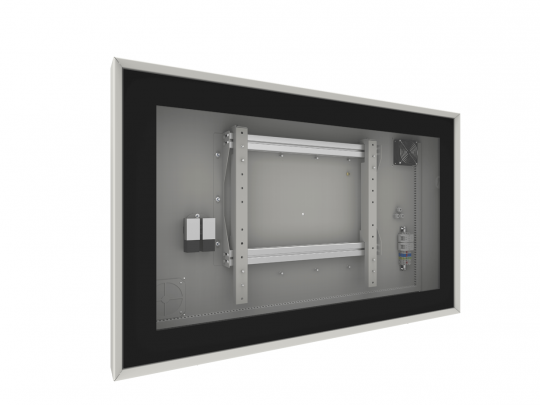 Wandmontierbares Metallgehäuse mit Glasfront, rechteckigem schwarzem Rahmen sowie sichtbaren Innen-Schienen und elektrischen Komponenten - ideal zum Kaufen oder Mieten; das Gehäuse ist leicht schräg vor weißem Hintergrund zu sehen.