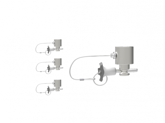 Vier identische silberne mechanische Ventilbaugruppen (Mechanical Valve Assembly) sind vertikal auf der linken Seite angeordnet, rechts daneben ist eine größere und detailliertere Ansicht desselben Ventils zu sehen. Das Produktfoto vor weißem Hintergrund eignet sich ideal für Kunden, die diese Ventile kaufen oder mieten möchten.