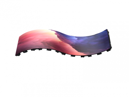 LED Wand Modul 2.6mm - Unilumin URMIII 2.6 MK2 Pro Flex XS, gebogenes, flexibles LED-Display mit abstraktem Motiv in Pink, Orange, Lila und Blau auf weißem Hintergrund; ideal zum Mieten oder Kaufen für eindrucksvolle Präsentationen und Events.