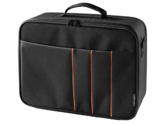 Schwarzes Celexon Softcase für Stativleinwände, mit Tragegriff und drei auffälligen orangefarbenen Fronttaschen; ideal zum sicheren Transport von Leinwänden - Neuware jetzt kaufen oder mieten.