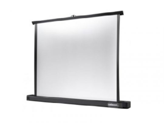 Celexon Tischleinwand Professional - portable, ausziehbare Projektionsfläche mit schwarzem Rahmen, ideal als mobile Leinwand zum Mieten oder Kaufen; abgebildet ausgezogen auf einem Tisch.