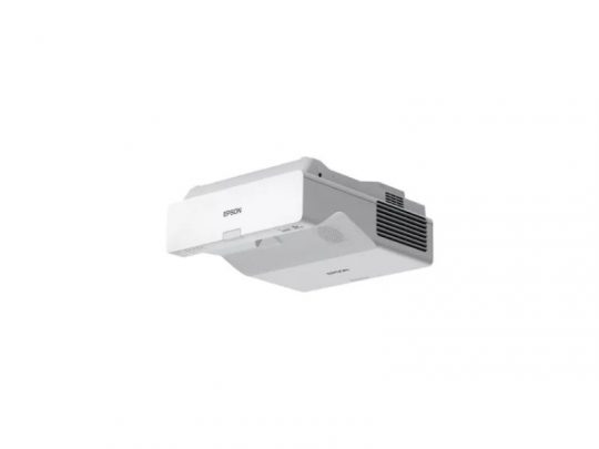Weißer Epson Beamer mit seitlichen Lüftungsschlitzen und Bedientasten, abgebildet vor weißem Hintergrund - ideal zum Kaufen oder Mieten als leistungsstarker Präsentationsprojektor.