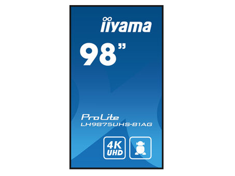 98 Zoll UHD Display iiyama ProLite LH9875UHS-B1AG mit iiyama-Logo und 4K UHD Icons auf blauem Hintergrund, ideal zur Miete - großes, modernes Bildschirmdisplay für brillante Bildqualität und professionelle Präsentationen.