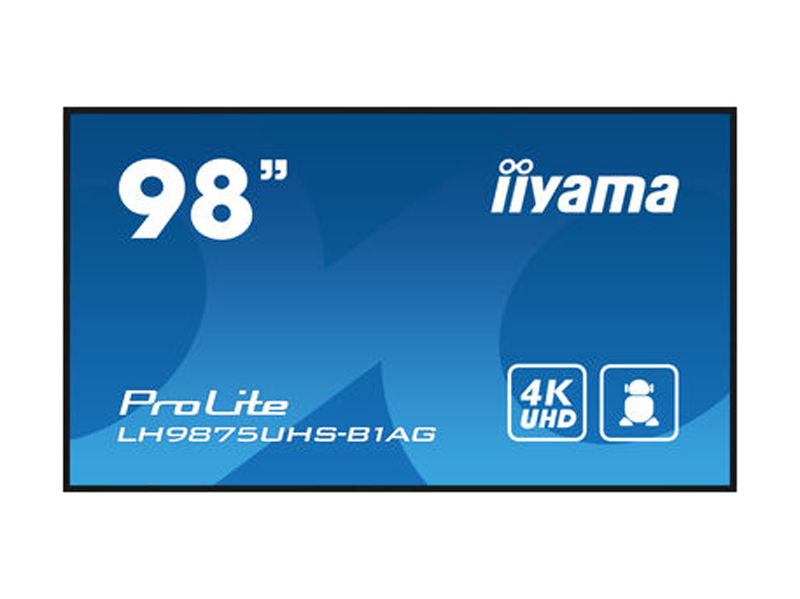 Das Produktbild zeigt das iiyama ProLite LH9875UHS-B1AG, ein 98 Zoll großes UHD Display mit 4K-Auflösung, auf dessen blauem Bildschirm die Zahl "98" und das iiyama Logo angezeigt werden. Im Bild stehen die Begriffe "98 Zoll UHD Display - iiyama ProLite LH9875UHS-B1AG mieten" zusammen mit den Icons für 4K UHD und OPS. Jetzt modernste Technik einfach mieten und erleben.