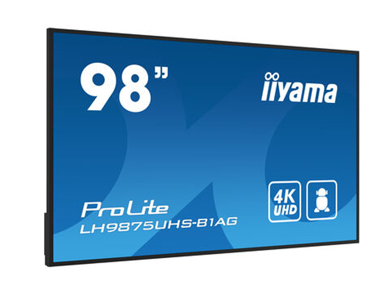 Das Produktbild zeigt das 98 Zoll UHD Display iiyama ProLite LH9875UHS-B1AG schräg von vorne. Die dünnen schwarzen Rahmen werden betont, auf dem Bildschirm ist ein blaues Bild mit der Aufschrift "4K UHD" zu sehen. Jetzt das große Display mieten!.