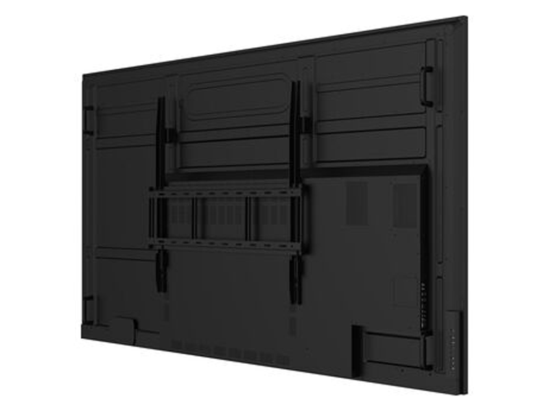 Rückansicht des 98 Zoll UHD Displays iiyama ProLite LH9875UHS-B1AG, wandmontiert auf einer schwarzen Halterung. Sichtbar sind Befestigungsmaterialien und Eingangsanschlüsse auf der rechten Seite - ideal für Kauf oder Miete.