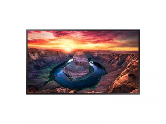 Das Samsung QM43B-T 43 Zoll 4K UHD Signage Display zeigt auf dem Bildschirm ein lebendiges Bild von Horseshoe Bend mit einem sich windenden Fluss, roten Felsen und farbenprächtigem Sonnenuntergang - perfekt zum Mieten oder Kaufen für wirkungsvolle Präsentationen.