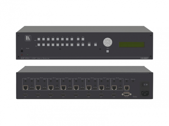 Front- und Rückansicht der HDMI Kreuzschiene 8x8 - Kramer VS-88DT: Schwarzer AV-Matrix-Switcher mit Bedientasten, Drehregler, Display auf der Front, auf der Rückseite Ethernet-Anschlüsse, HDMI-, Audio-Buchsen und Netzstecker; perfekt zum Mieten für professionelle Signalverteilung.