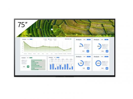 75-Zoll-Flachbildschirm zur Miete oder zum Kauf, zeigt im oberen Bereich eine grüne Luftaufnahme einer Landschaft und im unteren Bereich verschiedene Daten-Charts, Diagramme und Analyse-Panels. Ideal für Präsentationen und Datenvisualisierung.