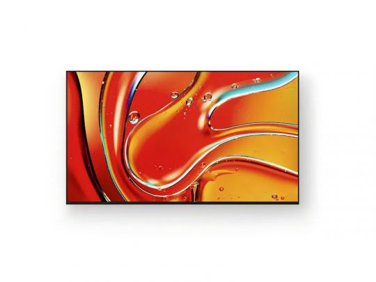 Moderner Flachbildfernseher mit abstraktem Bild in kräftigen Rot-, Orange- und Gelbtönen, betont durch blaue Linien und Wassertropfen, vor weißem Hintergrund - ideal zum Kaufen oder Mieten.