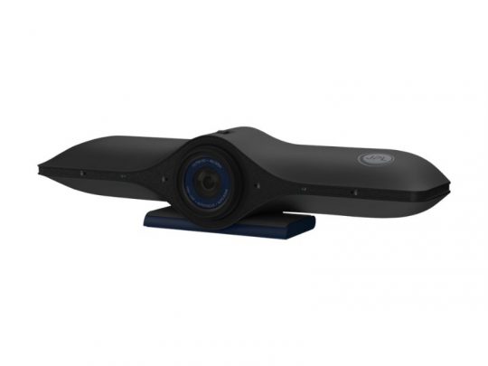Video-Soundbar Legamaster AGORA All-in-One, elegante schwarze Webcam mit gebogenem Design, zentraler Kameralinse und markant blauem Standfuß; ideal zur Monitor- oder Tischmontage - Neuware.