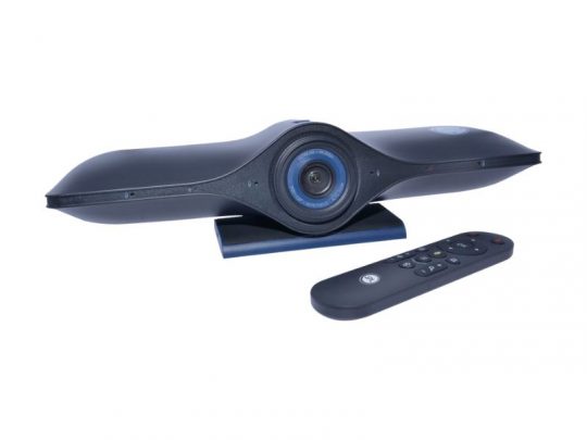 Legamaster AGORA All-in-One Video-Soundbar kaufen - Schwarze Soundbar und Konferenzkamera mit breitem, schlankem Design, mittig platzierter Kamera-Linse und passender Fernbedienung. Ideal für professionelle Videokonferenzen und Meetings.