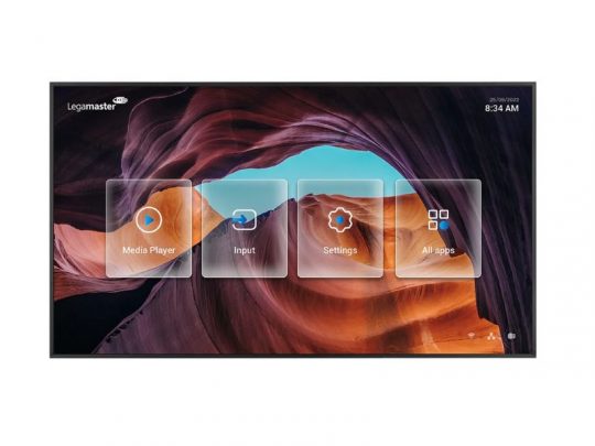 Das Produktbild zeigt das 55-Zoll Professional Display Legamaster DISCOVER 2 DIS-5510 (Neuware) mit einem übersichtlichen Bildschirmmenü vor einer Canyon-Landschaft. Auf dem Display sind die Optionen Media Player, Input, Settings und All Apps sichtbar sowie Datum und Uhrzeit (8:34 AM, 26/10/2022). Ideal für Präsentationen und professionelle Anwendungen.