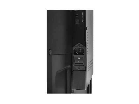 Seitliche Ansicht des 55 Zoll Professional Display Legamaster DISCOVER 2 DIS-5510 (Neuware) mit schwarzem Rahmen, sichtbarer Steckdose, Ein-/Ausschalter und Lüftungsschlitzen - ideal zum Mieten oder Kaufen für professionelle Präsentationen.