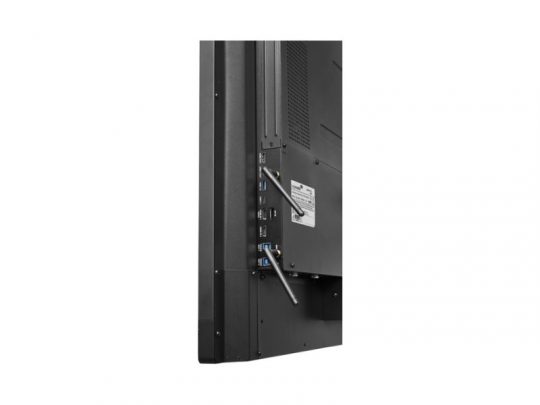 Seitliche Ansicht des Backpanels vom 55 Zoll Touchdisplay Legamaster EVOLVE 2 ETX-5540; sichtbar sind mehrere USB- und HDMI-Anschlüsse sowie zwei angeschlossene Antennen - ideales neues interaktives Display für Präsentationen und Konferenzen.