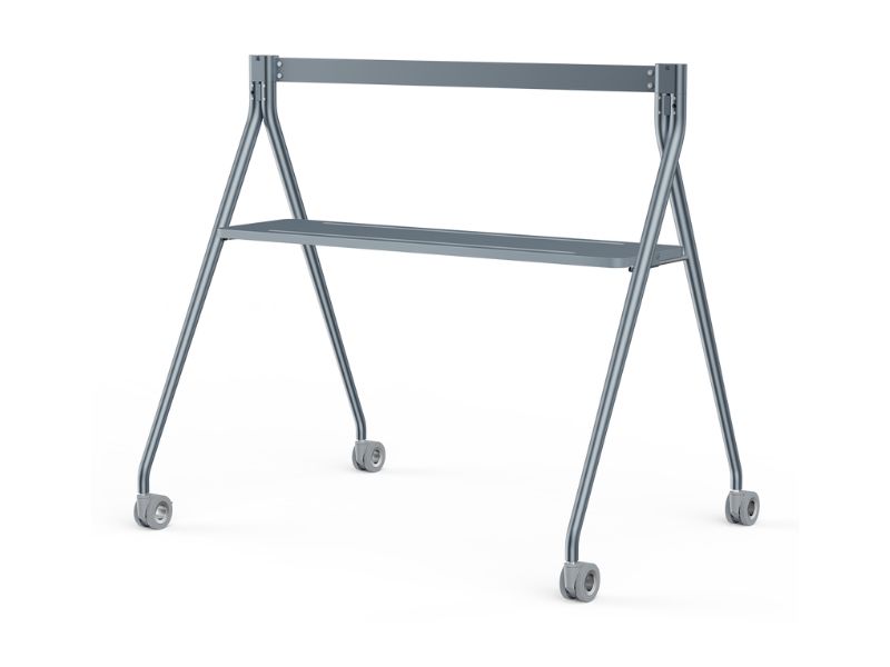 Metallregal "Industrial Stand" mit horizontalem Ablageboden und vier abgeschrägten Beinen auf Rollen; das minimalistische, industrielle Design eignet sich ideal zum Mieten oder Kaufen für flexible Raumlösungen.