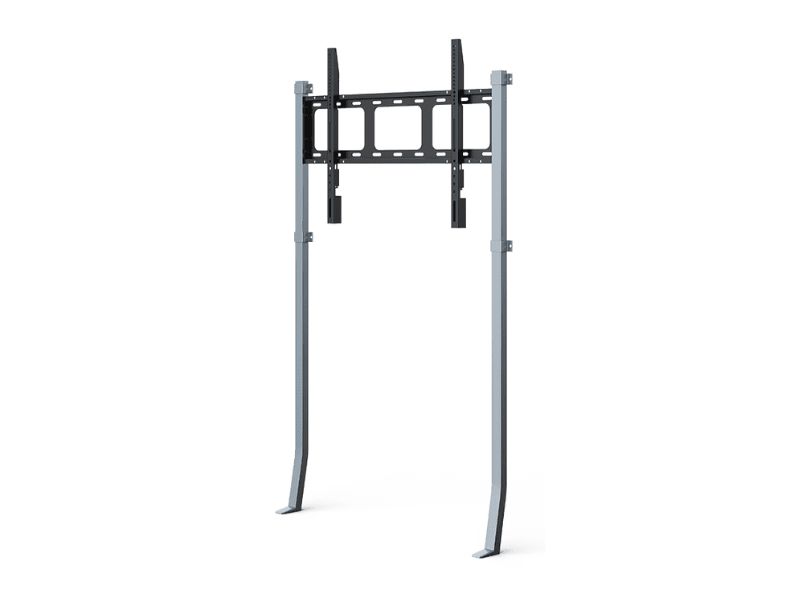 Freistehender TV-Ständer aus Metall mit zwei vertikalen Standbeinen und einer waagerechten Halterung zur Befestigung von Flachbildfernsehern; minimalistisches, stabiles Design zum flexiblen Aufstellen auf dem Boden - ideal zum Kaufen oder Mieten.