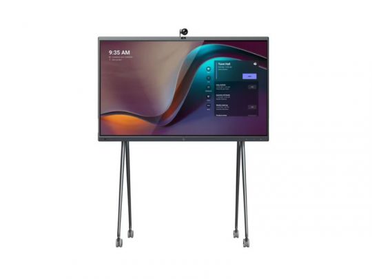 65 Zoll Yealink MeetingBoard All-in-One Videokonferenzgerät (Neuware) mit großem Display, integrierter Webcam und moderner Benutzeroberfläche - zeigt die Uhrzeit 9:35 und eine bunte Farbwave als Hintergrund. Ideal für professionelle Meetings in modernen Büros und Konferenzräumen.