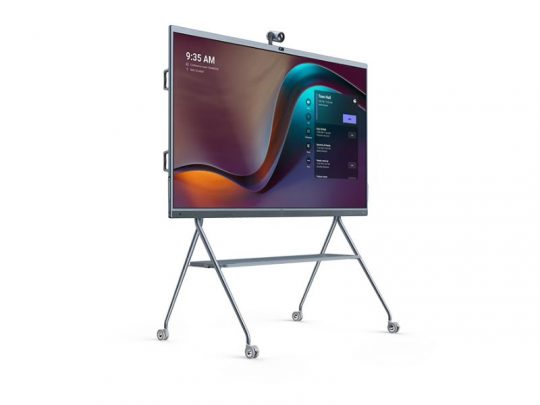Yealink MeetingBoard 65 Zoll All-in-One Videokonferenzgerät (Neuware) auf rollbarem Metallständer mit integrierter Kamera, ideal zum Mieten oder Kaufen; Display zeigt Uhrzeit 9:35 Uhr und rechte Anwendungsmenüs.
