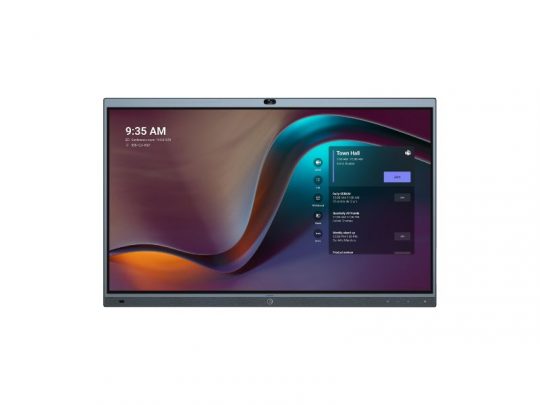 65 Zoll All-in-One Videokonferenzgerät Yealink MeetingBoard (Neuware) mit farbigem Hintergrund und geöffneter Videokonferenz-Oberfläche; der Bildschirm zeigt eine für 9:35 Uhr geplante Town Hall. Ideal zum Kaufen oder Mieten, bestens geeignet für professionelle Online-Meetings und Präsentationen.