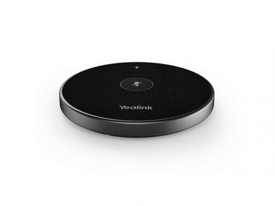 Drahtloses Mikrofon Yealink VCM36-W, rundes, schwarzes Speakerphone mit zentraler Mikrofontaste, abgebildet auf weißem Hintergrund - Neuware, ideal zum Kaufen oder Mieten.