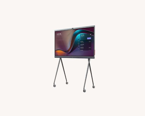 65 Zoll All-in-One Videokonferenzgerät Yealink MeetingBoard - großes Display auf fahrbarem Rollständer, zeigt farbiges Interface mit Menüleiste rechts; perfekt für den Einsatz in Klassenzimmern oder Büros.