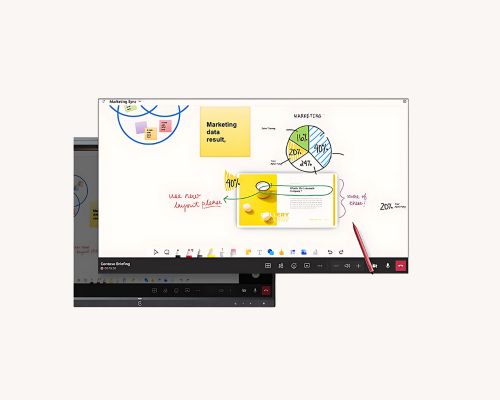Yealink MeetingBoard 65 Zoll All-in-One Videokonferenzgerät mit großem Touchscreen; auf dem Display sind Whiteboard-Funktionen, Diagramme und Team-Kollaborationstools sichtbar - ideale Lösung für Videokonferenzen, Präsentationen und Zusammenarbeit, zur Miete oder zum Kauf erhältlich.