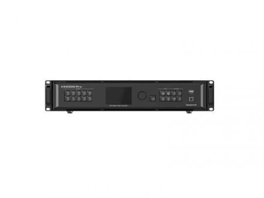 Schwarzer LED-Controller NovaStar VX2000 Pro für den Rackeinbau, mit Frontdisplay, Tasten und Steuerfeld-perfekt zum Mieten oder Kaufen für professionelle LED-Anwendungen.