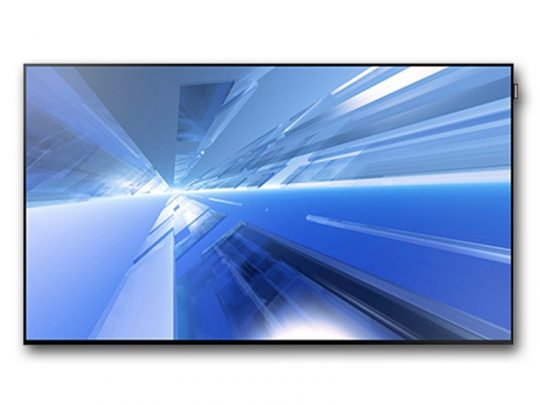 Ein 40 Zoll FullHD Display - Samsung DM40E inkl. Casetec Case (Gebrauchtware) zeigt ein dynamisches, abstraktes Bild mit blauen und weißen Formen, die Tiefe und Bewegung schaffen – perfekt für alle, die das Set kaufen möchten.