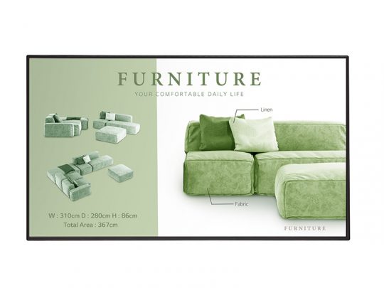 Modulares Sofa-Set "Furniture" in Grün, bestehend aus mehreren Sitzmodulen mit Bezügen aus Leinen und Stoff. Das Bild zeigt verschiedene Anordnungsmöglichkeiten der Wohnlandschaft. Maße: 310 cm Breite, 280 cm Tiefe, 86 cm Höhe, Gesamtfläche 367 cm. Text: "MÖBEL - Ihr komfortables tägliches Leben".