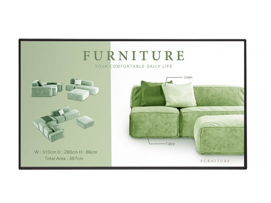 Grünes modulares Sofa aus Leinenstoff, Nahaufnahme der Materialien und drei Anordnungsmöglichkeiten; Maße: Breite 310 cm, Tiefe 280 cm, Höhe 86 cm. Werbetext "FURNITURE - Ihr komfortables tägliches Leben". Ideal als modernes Wohnlandschaft-Highlight für das Wohnzimmer.