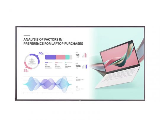 Laptop auf der rechten Seite, links daneben Infografik mit Diagrammen und Statistiken zu Laptop-Kaufpräferenzen - zu sehen sind Prozentzahlen, ein Liniendiagramm und monatliche Verkaufsdaten von drei Marken. Perfekt für die Analyse von Kauftrends bei Laptops.