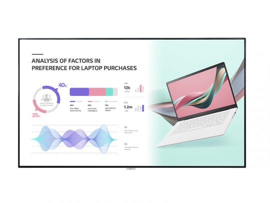 Produktbild-Alt-Text: Display mit der Überschrift "Analysis of Factors in Preference for Laptop Purchases" zeigt links farbige Diagramme (Tortendiagramm, Balkendiagramm, wellenförmiges Liniendiagramm) und rechts ein Bild eines Laptops; ideal zur visuellen Darstellung von Laptop-Kaufpräferenzen und Analysedaten.
