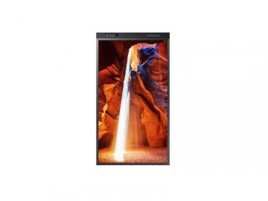 Samsung The Frame 55 Zoll - vertikaler Digitalrahmen auf weißem Hintergrund, zeigt ein Foto von Sonnenstrahlen, die rote und orange Sandsteinformationen in einer engen Schlucht wie dem Antelope Canyon beleuchten.