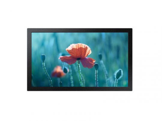 Digitaler Bildschirm zeigt Nahaufnahme einer leuchtend roten Mohnblume (Poppy Flower) mit grünen Stängeln und Knospen vor einem sanften blau-grünen Hintergrund. Das Bild hebt die Details der Blüte und das natürliche Design hervor. Ideal als Wandbild oder Display-Dekoration.