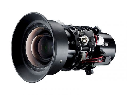 Nahaufnahme einer Kameraobjektiv-Baugruppe, z. B. für ein Projektor- oder Kamera-Modul, mit sichtbaren Zahnrädern, Kabeln und mechanischen Komponenten; das große Glasobjektiv ist von einem schwarzen Gehäuse umgeben. Ideal für Reparatur oder Austausch in Digitalkameras und Projektoren.