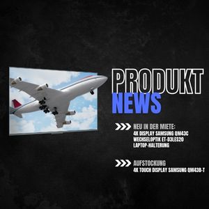 Samsung Display auf schwarzem Hintergrund, Bildschirm zeigt ein fliegendes Flugzeug, daneben PRODUKT NEWS und Logando News.