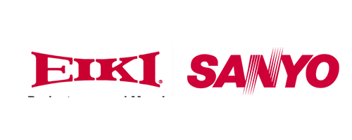 Produktbild: EIKI und SANYO Logos in kräftigem Rot auf Weiß, ideal für Projekte mit Wechseloptiken; EIKI geschwungen, SANYO mit Schrägstrichen im N.