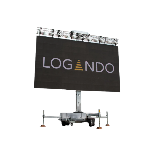 Mobiles LED-Display auf Anhänger zeigt den Produktnamen LOGANDO, wobei das A durch einen gelben Bienenstock ersetzt ist.